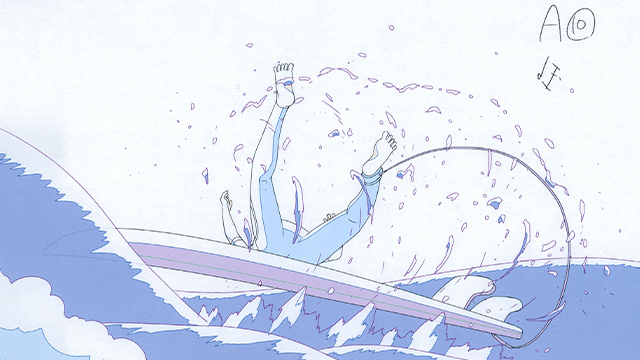 劇場アニメ『WAVE!!～サーフィンやっぺ!!～』バランスを崩して海に巻かれるマサキ（CV：前野智昭）のコンテ・原画・本編カットを公開【公開日まであと19日！】