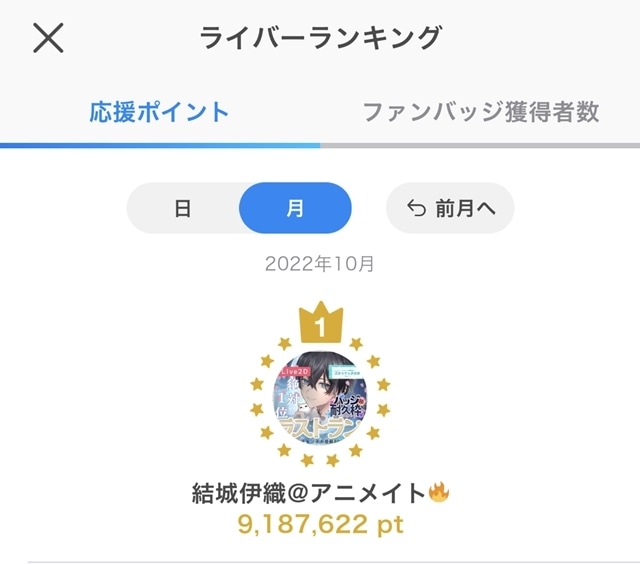 ▲ライバーランキングで月間1位を獲得したときのスクリーンショット（提供：結城伊織さん）
