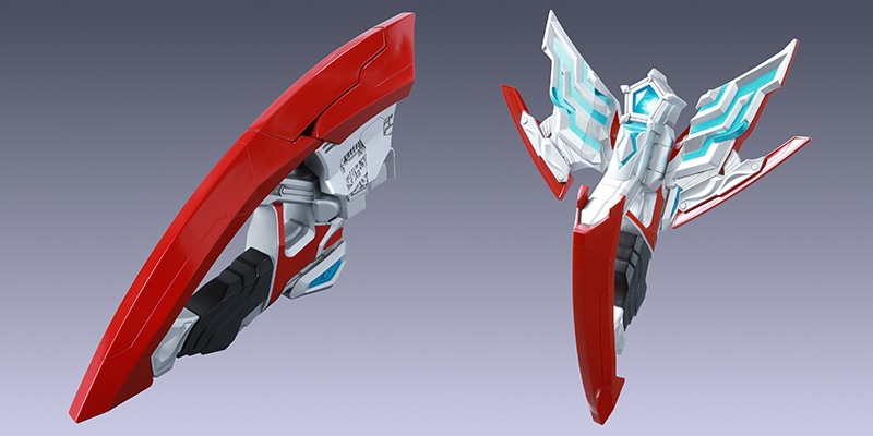 ▲変身アイテム「オメガスラッガー」(左：出現時／右：変身時)