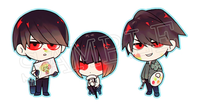 ▲アクリルスタンドセット&56mm缶バッジセットには、日出+静馬+大崎の描きおろしミニキャラを使用