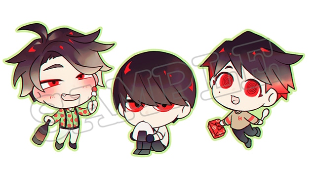 ▲アクリルスタンドセット&56mm缶バッジセットには、竹芝+汐留+大崎の描きおろしミニキャラを使用