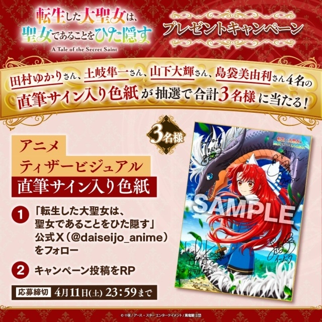 アニメ『転生した大聖女は、聖女であることをひた隠す』キービジュアル第1弾が解禁！ 追加メインキャストに田村ゆかりさん、土岐隼一さん、山下大輝さん、島袋美由利さんが決定＆コメント到着-6
