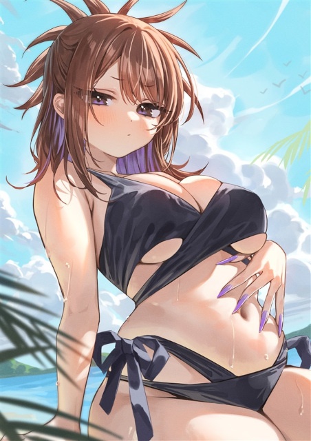 ▲夏の青空の下、あまりある魅惑的ボディの水着姿