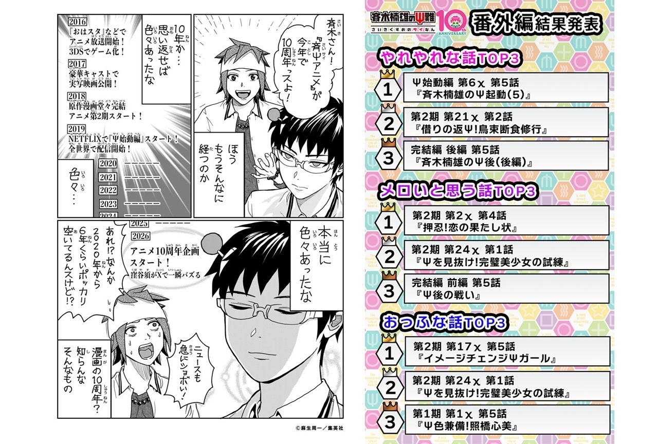 『斉木楠雄のΨ難』アニメ10周年企画、番外編各TOP3発表！