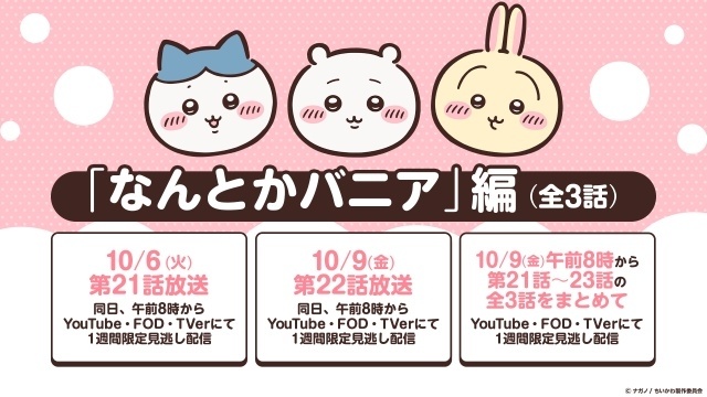 『ちいかわ』リバイバル放送を10月2日から12月25日まで実施！　初期の人気エピソード（第6話）や“なんとかバニア”編をはじめとするシリーズ回を週替りで放送-2
