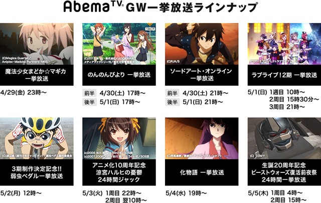 ゴールデンウィークはアニメが熱い！　 AbemaTVアニメチャンネルにて『ラブライブ！』『弱ペダ』など人気のテレビアニメ 8作品を一挙放送-2